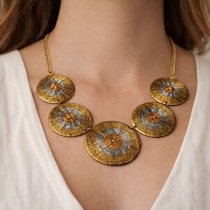 Vintage Brutalist Brass Disc Statement Necklace | Mixed Metal Wire Wrap Bib Boho